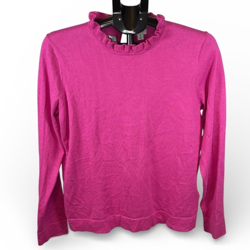 J.Crew Pink‎ Ruffle Mock Neck Cotton Sweater AS298 Womens Medium  Keyhole Back